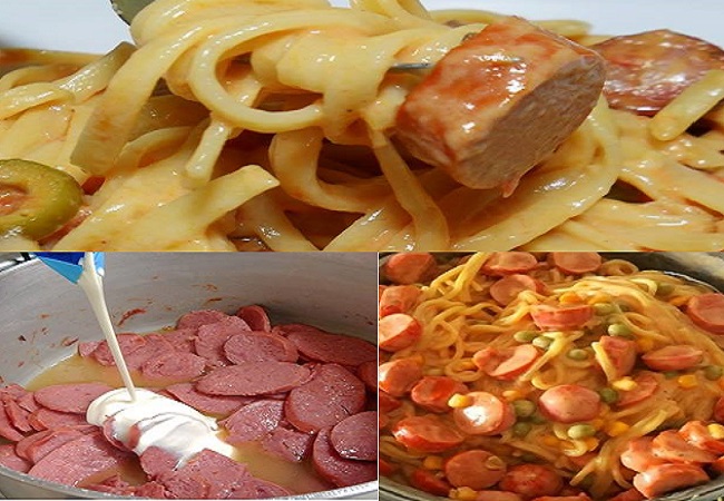 Macarrão com salsicha e creme de leite